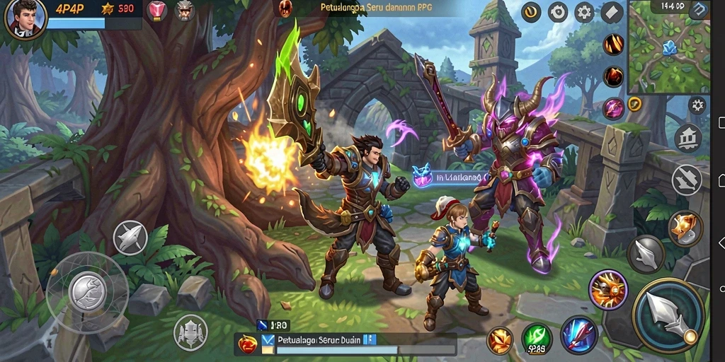 Screenshot utama menunjukkan karakter beraksi dalam pertarungan RPG yang mendebarkan.