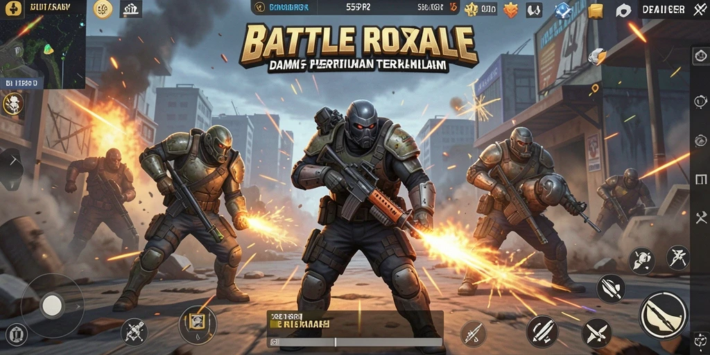 Screenshot 55RP menunjukkan aksi seru dalam pertempuran Battle Royale.