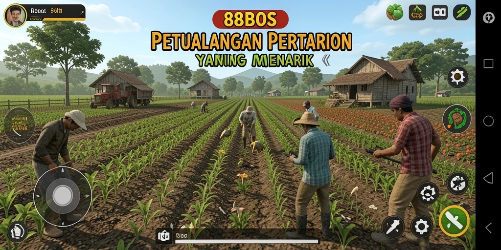 Screenshot gameplay 88BOS yang menunjukkan kebun yang subur dan hewan ternak.