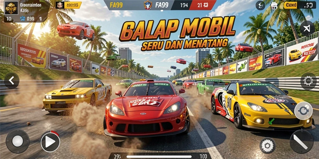 Tangkapan layar dari gameplay FA99 menampilkan balapan yang mendebarkan.