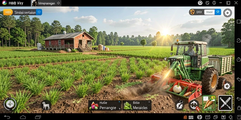Tampilan gameplay H89 dengan kebun yang subur dan hewan ternak.