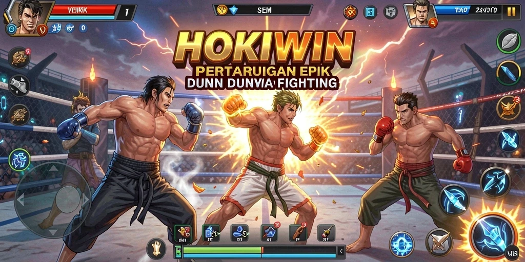 Screenshot HOKIWIN menunjukkan pertarungan seru dan karakter yang menarik.
