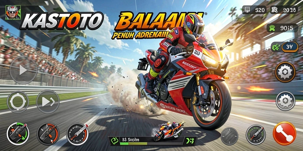 Screenshot KASTOTO menampilkan aksi balapan motor yang menegangkan.
