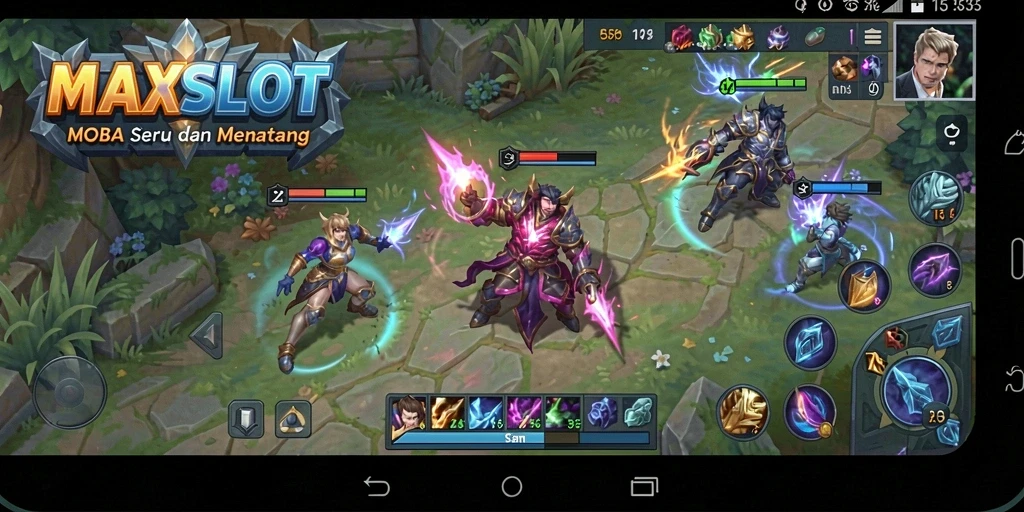 Tangkapan layar gameplay seru dalam pertempuran MOBA.