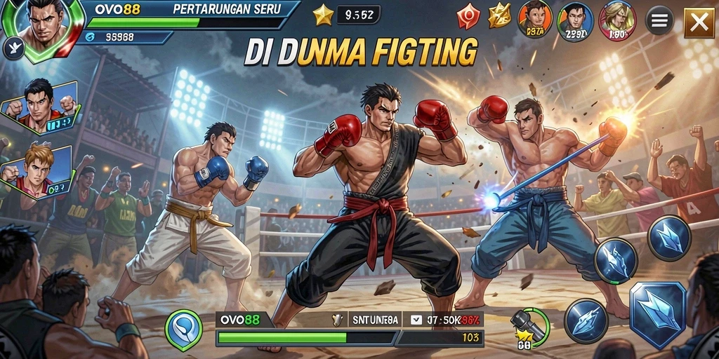 Tampilan gameplay bertarung epik di OVO88 dengan karakter unik.