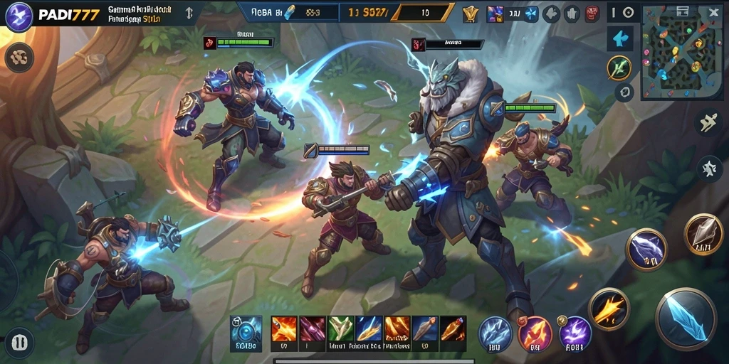 Screenshot PADI777 menampilkan aksi intens dalam pertempuran MOBA.