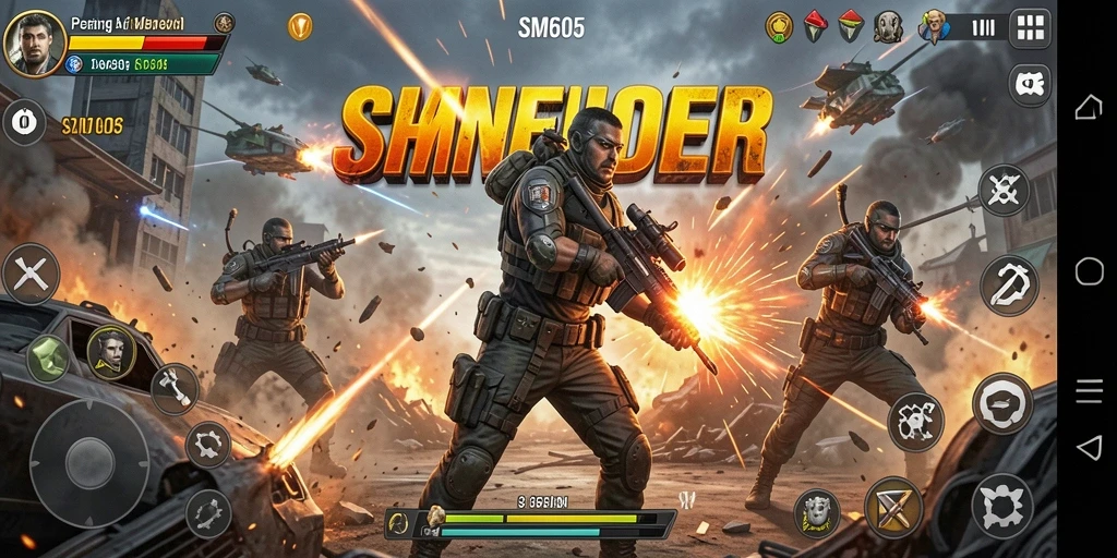 Screenshot gameplay SM605 menampilkan aksi pertempuran yang mendebarkan.