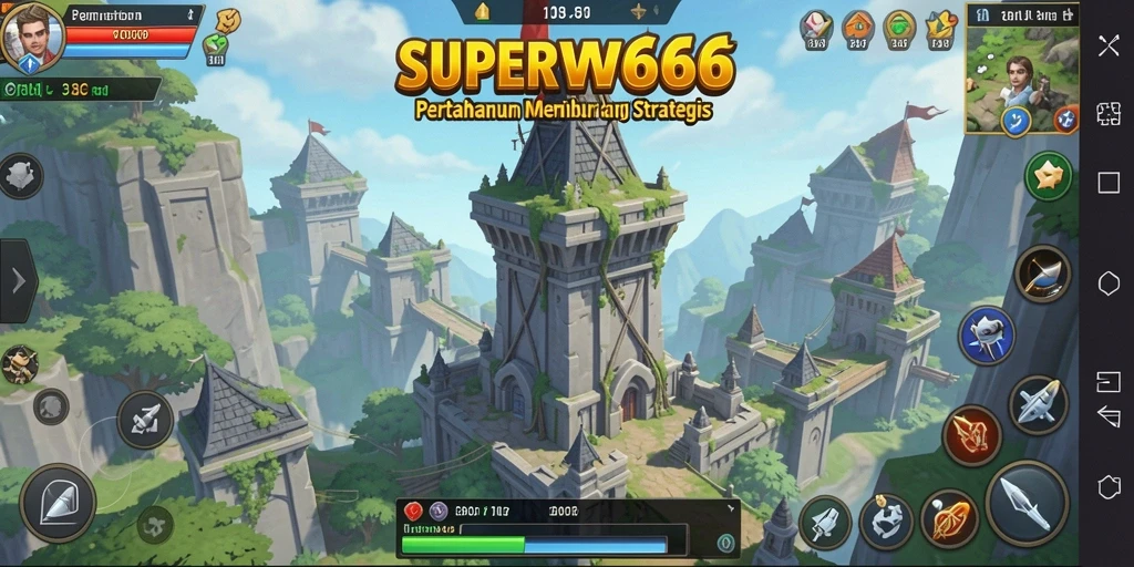 Tampilan gameplay SUPERWD666 dengan menara pertahanan yang strategis.