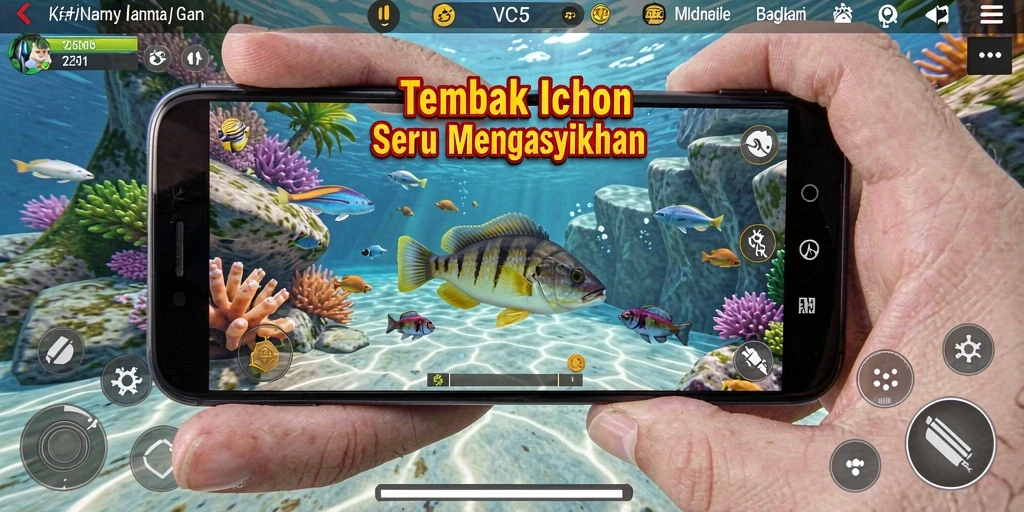 Screenshot gameplay VC5 menampilkan aksi seru berburu ikan.